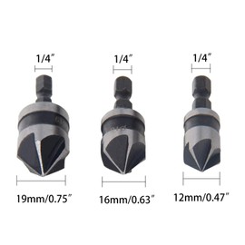 Utoolmart Countersink Drill Bit Set 12mm 16mm 19mm Dia 1/4” Hex Shank 90 Degree 5 Flute Chamfer Tool for Woodworking Carbon Steel 3pcs