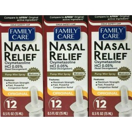 Family Care Nasal Spray Original Decongestant Pump Mist Spray 12 Hour Relief 0.5 oz (3 pack)