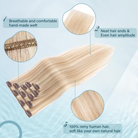 Elailite Clip-In Real Hair Extensions, 5 Pieces, Remy Hair Extensions with 12 Clips, 35 cm - 60 g, Straight Hairpieces, Natural Hair Extensions for Women, #18P613 Ash Blonde Mix Light Blonde