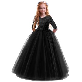 Girls Embroidery Tulle Lace Bridesmaid Dress Long A Line Wedding Pageant Dresses Birthday Party Formal Dance Evening Gown Black 7-8 Years