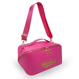 BLESSED Travel Makeup Bag for Women - Large Capacity Cosmetic Organizer, Waterproof Portable Leather Toiletry Pouch with Divider and Handle - Ideal Make up Bag, Toiletry Organizer(Pink)