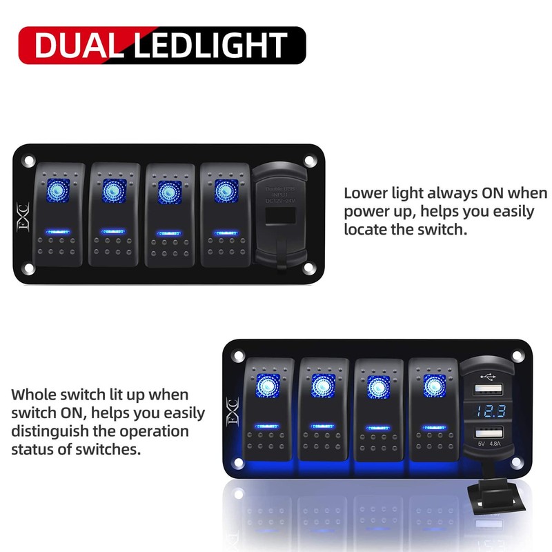 Purishion 4 Gang Rocker Switch Aluminum Panel with Voltmeter &
