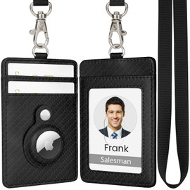 TALONITE Carbon Fiber AirTag Badge Holder, PU Leather ID Badge Holder with 1 Clear ID Window & 2 Credit Card Slot & 1 Detachable Neck Lanyard