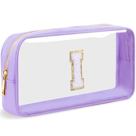 LOFOWN Initial Clear Makeup Bag Small Cosmetic Bag Travel Toiletry Bag Clear Zipper Pouch Purse Organizer Bags for Women, Purple-M, I, Initial Makeup Bag