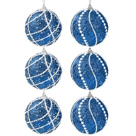 6 Christmas Baubles 8 cm, Glitter Design, 6 Colours to Choose From (Red, Gold, Silver, Blue, Champagne, Rose Gold) High Quality Shiny Decoration for Christmas Tree, Christmas Decoration, Plastic