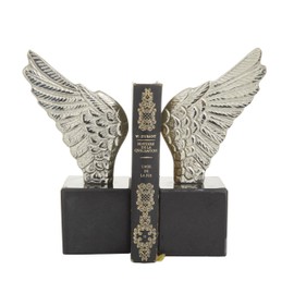 Deco 79 Aluminum Metal Bird Decorative Bookends Wings Non Skid Bookends with Marble Base, Set of 2 Office Bookends5'W, 10'H, Silver