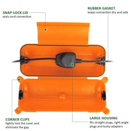 Flemoon Outdoor Extension Cord Safety Cover with Waterproof Protector Seal, Weatherproof Electrical Connection Box for Outdoor Outlets, Plugs, Sockets, Holiday Decorations, Power Tools, Orange
