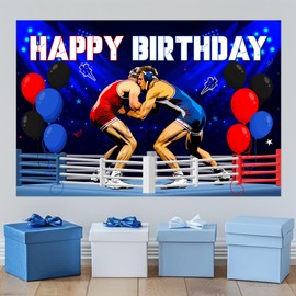 SHADOAMP Wrestling Happy Birthday Decorations, Backdrop Banner 3 x 5ft Hanging Photo Background Banner for Boys 90s Wrestling Theme Birthday Party