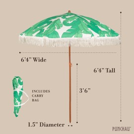 Punchau 6 Ft Fringe Patio Umbrella - Outdoor Umbrella for Patio, Pool, Table, Garden, Deck, & Beach - Push Button Tilt Pole - Fashionable Boho Vintage Tassels & Wood Print - Palm Leaf