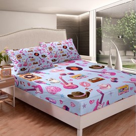 jejeloiu Girls Music Bed Sheets Pink Guitar Cat Western Cowgirl Bedding Set Full Size Fashion Women Singer Bed Cover Blue Pink Room Decor Lightweight Deep Pocket Fitted Sheet (No Top Sheet)