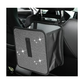 Ohleats Foldable Car Trash Can, Bling Rhinestone Oxford Auto Hanging Garbage Bag, Crystal Leakproof Foldable Waste Organizer Universal for Most Vehicles, Interior Car Accessories (White)