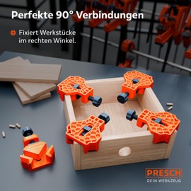 Presch Angle Tensioner Pack of 4 - Corner Tensioners for Board Thicknesses up to 26 mm - 25 kg Clamping Force for Gluing - Robust Corner Clamps for Woodworking Thanks to Fibreglass Reinforced Plastic