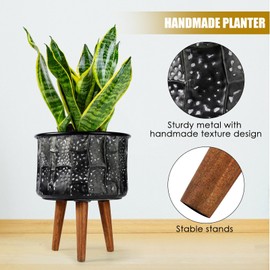 Harvest Land Plant Pots with Stand, Set of 2 Large Modern Planters Metal Tall Handmade Flower Pots with Drainage Holes Indoor Outdoor,Grey