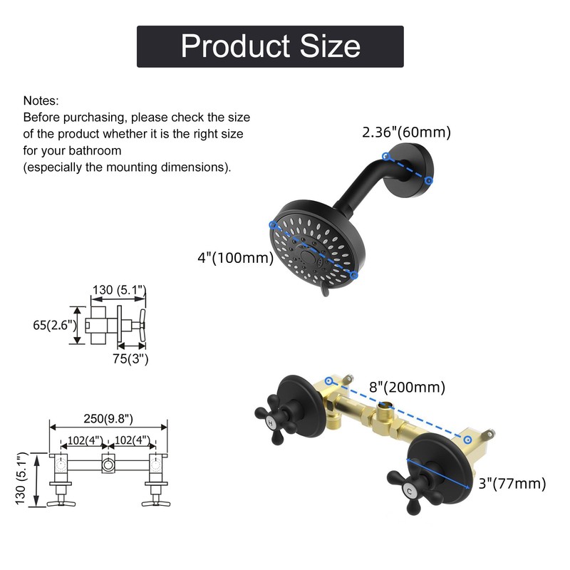 BEIYI 2 Handle Shower Faucet and 5 Mode Shower Head,