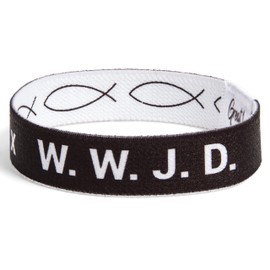 Great 1 WWJD Ichthys Symbol/Jesus Fish Bracelet - What Would Jesus Do Inspirational Religious Christian Reversible Stretch Wristband (Black, Medium)