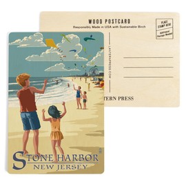 Stone Harbor, New Jersey, Kite Flyers (4x6 Birch Wood Postcards, 2-Pack Stationary, Rustic Home Wall Decor)