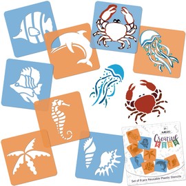 NAKLEO Stencils Painting for Children - 8 Pieces - Sea - Animals - Children's Creative Drawing Stencil Set - Plastic - 15 x 15 cm - Reusable