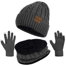 3 Pieces Womens Beanie Hat Scarf Touch Screen Gloves Set for Women Warm Knit Fleece Lined Skull Caps Neck Warmer Gifts,B-Dark Grey
