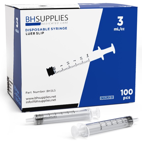 BH Supplies 3ml Luer Slip Tip Syringe - (No Needle) - Sterile, Individually Wrapped - 100 Syringes