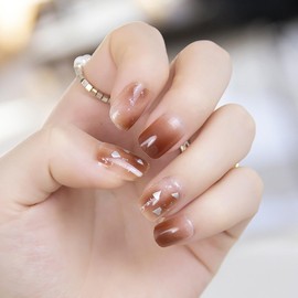 Gradient Press on Nails Medium Length Coffin Shape Fake Nails with Sequin Design Glossy Shiny Stick on Nails Soft Glue on Nails Reusable Full Cover Artificial Acrylic False Nails for Women Girls 24Pcs