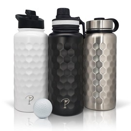 PINCUP Golf Ball Water Bottle, Golf Ball Dimple Textured Thermos, Insulated Water Bottle for Golfers, Black 32oz Stainless Steel Flask with Spout Lid, Golf Gifts for Men & Women