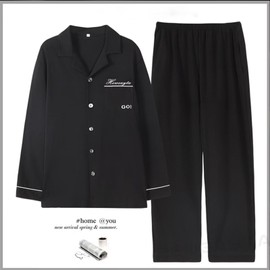 Heweayta Men's Pajamas, Long Sleeve, Open Front, Loungewear, Top and Bottom Set, Thin, Spring and Autumn, Loungewear, Sweat Absorbent, Breathable, Skin-friendly, Black