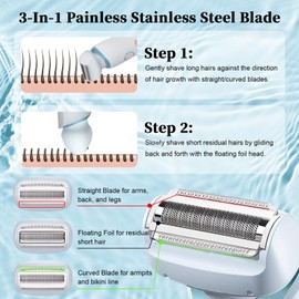 Electric Shaver Razors for Women 2-IN-1 Electric Razor for Womens Legs Underarm Face Pubic Hairs,Wet Dry Use Rechargeable Bikini Trimmer Hair Removal with Detachable Head,Painless IPX7 Waterproof Blue