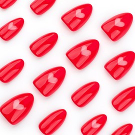 Red Valentines Press on Nails Almond Shaped Fake Nails Glossy Red Heart Design Glue on Nails Valentines Acrylic False Nail Kits Cute Heart Artificial Nails Stick on Nails for Women Manicure DIY