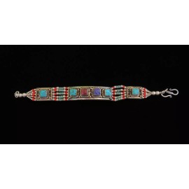 Tribal Designs by Neela Inlaid Turquoise, Coral & Lapis Stones in Tibetan Silver 5 Strand Bracelet