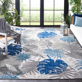 SAFAVIEH Area Rug 8x10 - Outdoor Cabana Collection - Large - Grey & Blue, Botanical Design, Weather Resistant & Washable, Ideal for Patio, Backyard, Mudroom, Deck, Dining Space (CBN831F)
