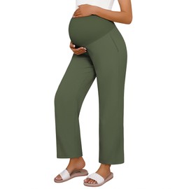 Huukeay Women's Cotton Linen Maternity Pants, High Waisted Lounge Pregnancy Pants Over The Belly Trousers with Pockets(Olive Green,Large)