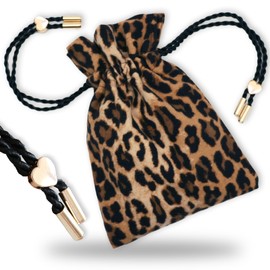 DarlingMart Women's Leopard Bag Pouch, Drawstring Bag, Bag-in-Bag, Made in Japan, 100% Cotton, Brushed Fabric, Lined, Heart Charm