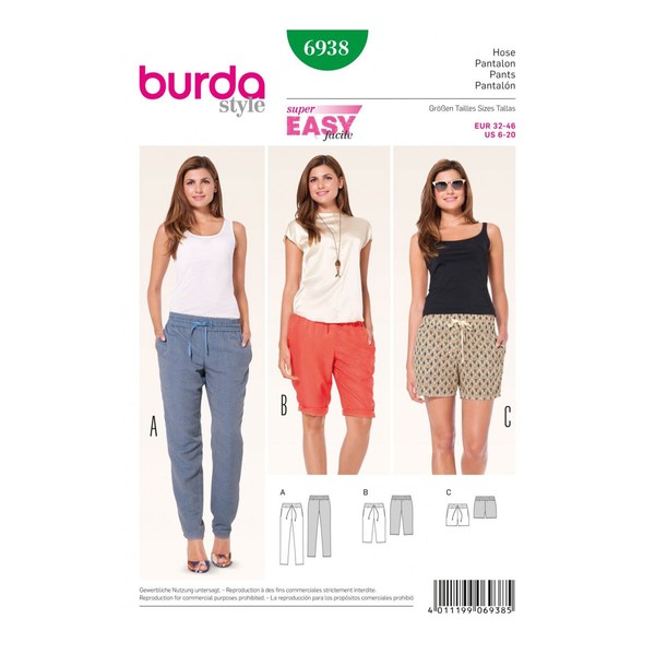 Burda Ladies Easy Sewing Pattern 6938 - Trouser Pants & Shorts Sizes: 6-20