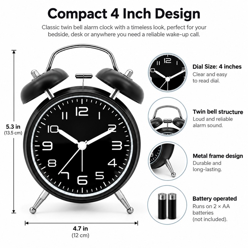 4 Inch Twin Bell Alarm Clock with Metal Frame –