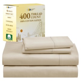 California Design Den Queen Sheet Set, 100% Cotton 400 Thread Count Sateen Cotton Sheets, Soft & Breathable,Cooling Deep Pocket Bed Sheets (Beige)