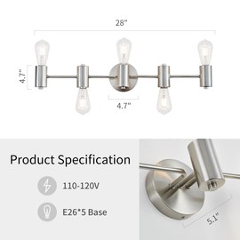 WUZUPS 5-Light Bathroom Light Fixture Morden Vanity Wall Scones Light for Bedroom Living Room, E26 Base, Brushed Nickel