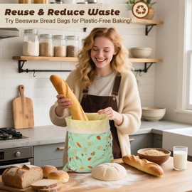 Reusable Beeswax Bread Bags for Homemade Bread 2 Pack, 14'' x 17'', Natural Lined Cotton Beeswax Bags for Freezer & Refrigerator, Sourdough Bag, Bread Storage Bags Freshness Lock, Bakery Essentials