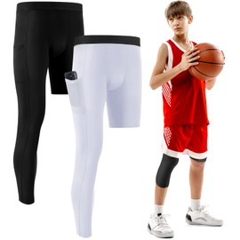 Hercicy 2 Packs Boys' Youth One Leg 3/4 Compression Tights for Basketball Capri Tights Athletic Base Layer Pants