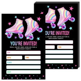Skating Party Invitations with Envelopes, Roller Skate Birthday Party Invites Cards for Celebration, 20 Invitation Cards for Girls Kids Boys, Party Supplies and Decoration, Black