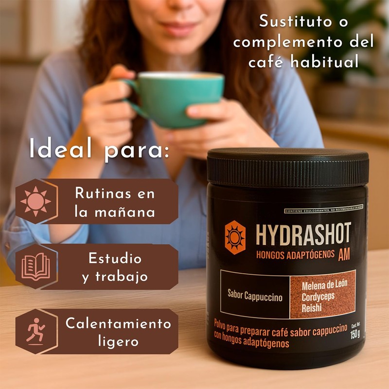 HydraShot Café Soluble Cappuccino con Hongos Adaptógenos, 1 cucharada, Adicionado