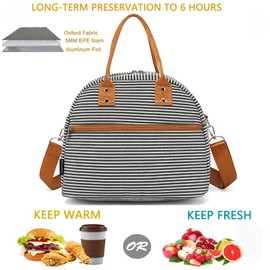 FlowFly Insulated Lunch Bag With Shoulder Strap for Women, Men, and Kids, Large and Reusable, Handle, Freezable Work and School Travel Tote and Meal Prep Organizer,White and Black Stripes