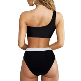 MOOSLOVER Women Cutout One Shoulder High Waisted Bikini High Cut Two Piece Swimsuits(L,Black White)