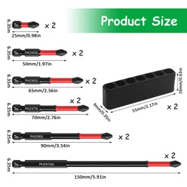 Pack of 12 Long Bits Hexagonal Set, PH2 Magnetic Anti Slip Drill Screwdriver Bit 25 mm/50 mm/65 mm/70 mm/90 mm/150 mm, Hex Shank Bit, for Electric Screwdrivers, Impact Drivers (12)
