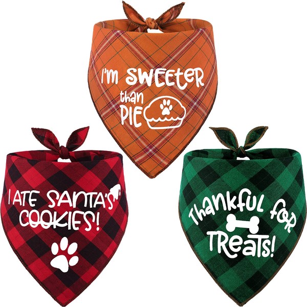 3 Pack Thanksgivng Dog Bandana, Fall Classic Plaid Halloween Christmas Xmas Autumn Triangle Bandanas Scarf Bibs Kerchief Gift Set - Pet Holiday Accessories Decoration for Small to Large Dogs Cats Pets