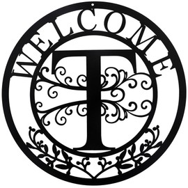 TINGDONG Metal Monogrammed Initial Welcome Sign, Metal Letter Wall Art Decor, Name Sign for Home Porch Front Door Outdoor (T)