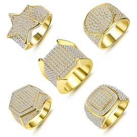 Magitaco 5pcs 18K Gold Plated Bling Pinky Ring with Simulated Diamond Iced Out Big Star Square CZ Punky Rappers Cool Hip Hop Ring for Men