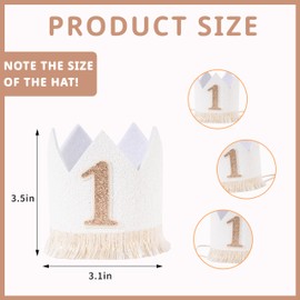 BOOMPA First Birthday Crown Hat, Boho Natural Baby White Glitter Number 1, 3.5x3.1 inches, Boho Style (Beige)