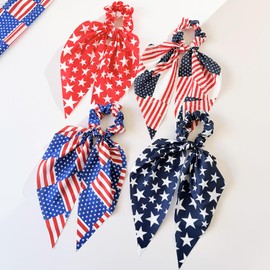 4Pcs 4th of July Patriotic Hair Ties Long Tail Bow Hair Scrunchies 2 in 1 Design Independence Day Hair Accessories Red White Blue Elastic Ponytail Holder for Fourth of July Memorial Day Decorations