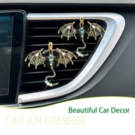 ORIESSE Green Car Accessories 2pcs Bling Dragon Car Air Freshener Vent Clips Cute Alloy Dark Green Enamel Wyvern Dragon Vent Clip Car Decorations Refillable Car Essential Oil Diffuser Goth Car Decor