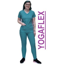 ANGIE UNIFORMS YOGAFLEX Jogger Scrubs for Women Set. Regular and PETITE. Side Spandex 2 Pockets Top with Yoga Waist Joggers. A410 (TEAL, 2X)